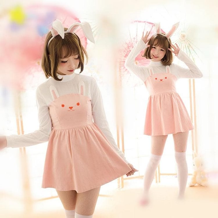 S/M/L Pink Kawaii Rabbit Pattern Long Sleeve Dress SP166067