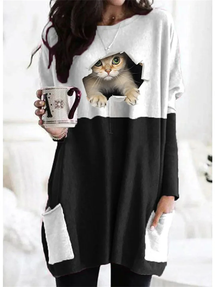 Women's Long Sleeve Dress 3D Print Cute Cat Women's Black Gray S M L XL 2XL 3XL 4XL 5XL