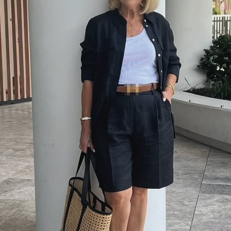 Women Formal Two Piece Set Cotton and Linen Shirt Short Suit