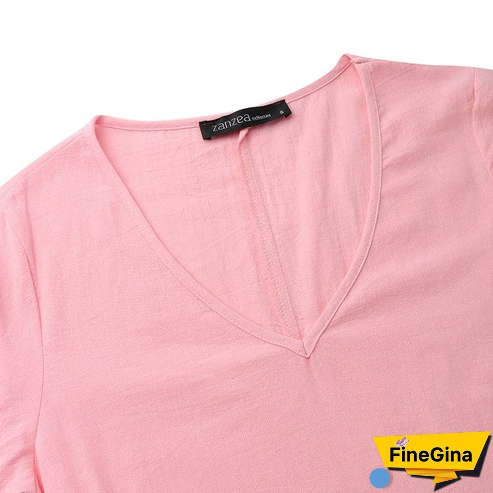 Women V Neck Short Sleeve Dress With Pockets Dress Summer Dress Loose Mid-calf Dress