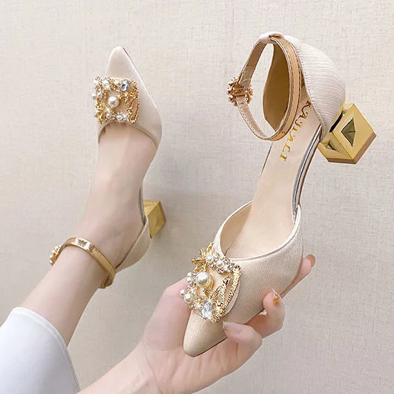 Qengg High Heels Pumps Women Elegant Pearl Buckle Square Heels Wedding Party Shoes Ladies Pointed Toe Ankle Strap Work Shoes