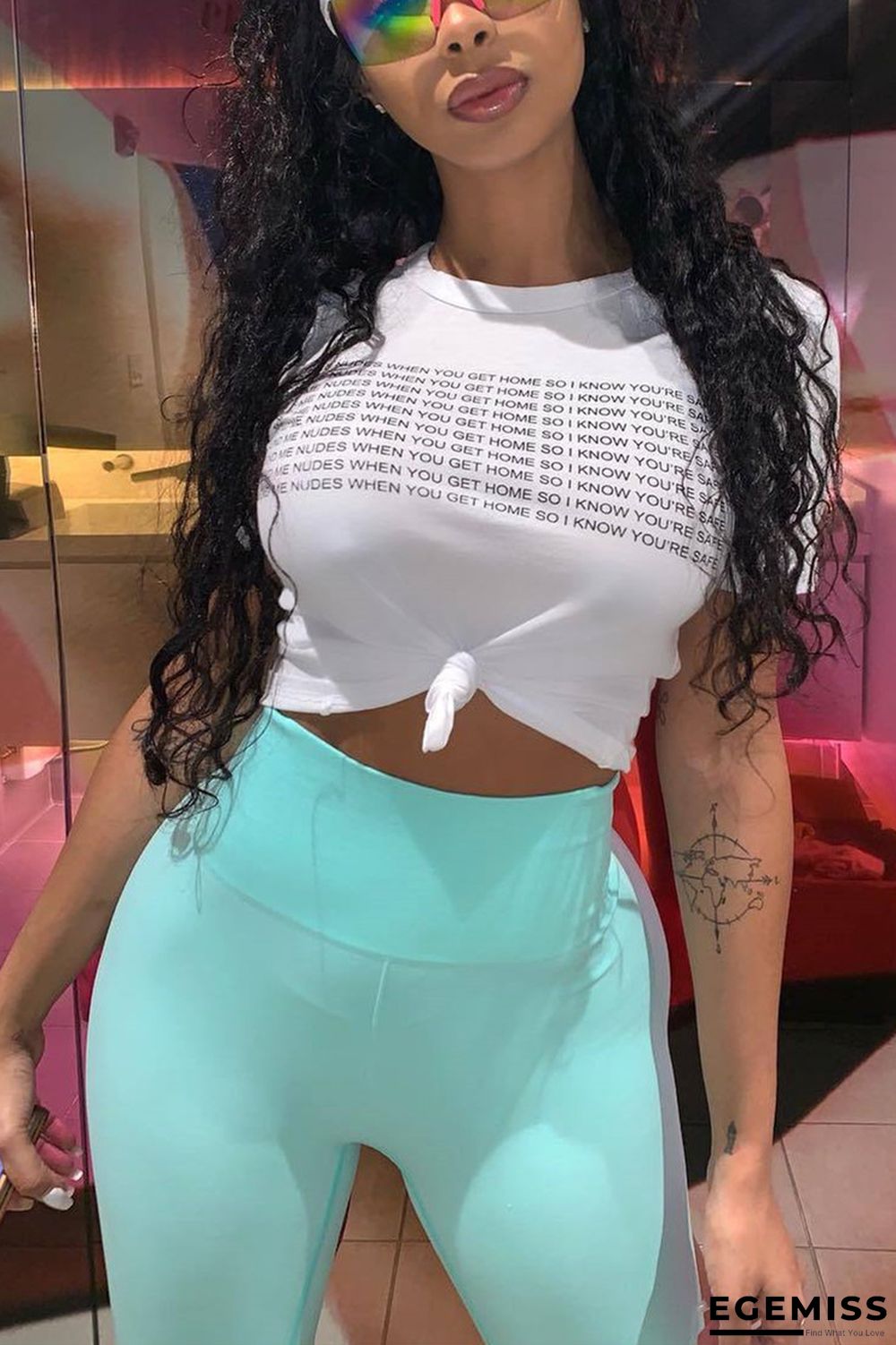 White O Neck Short Sleeve Print Patchwork Tees & T-shirts | EGEMISS