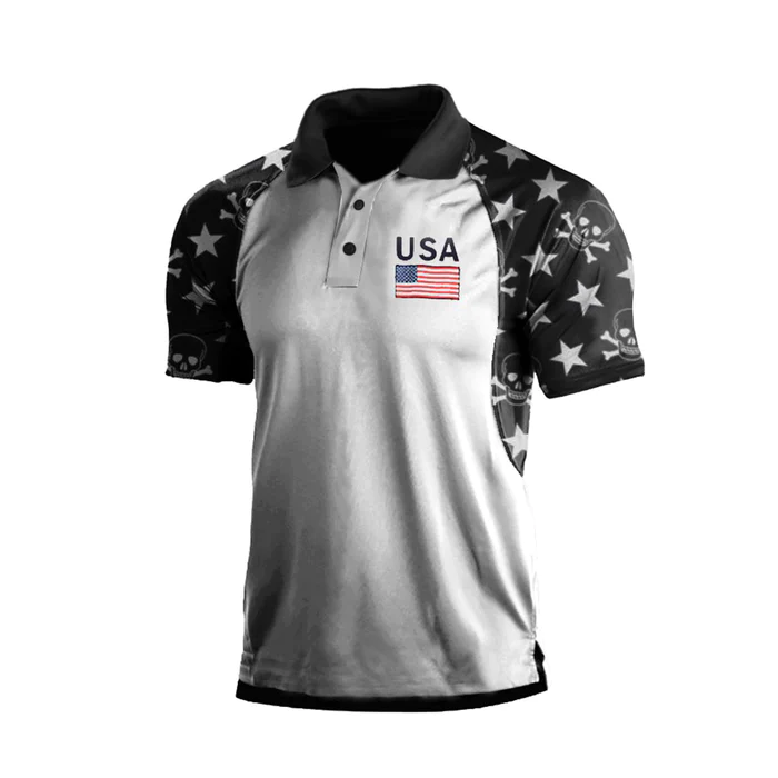 USA FLAG STAR SKULL RAGLAN GRAPHIC POLO SHIRT