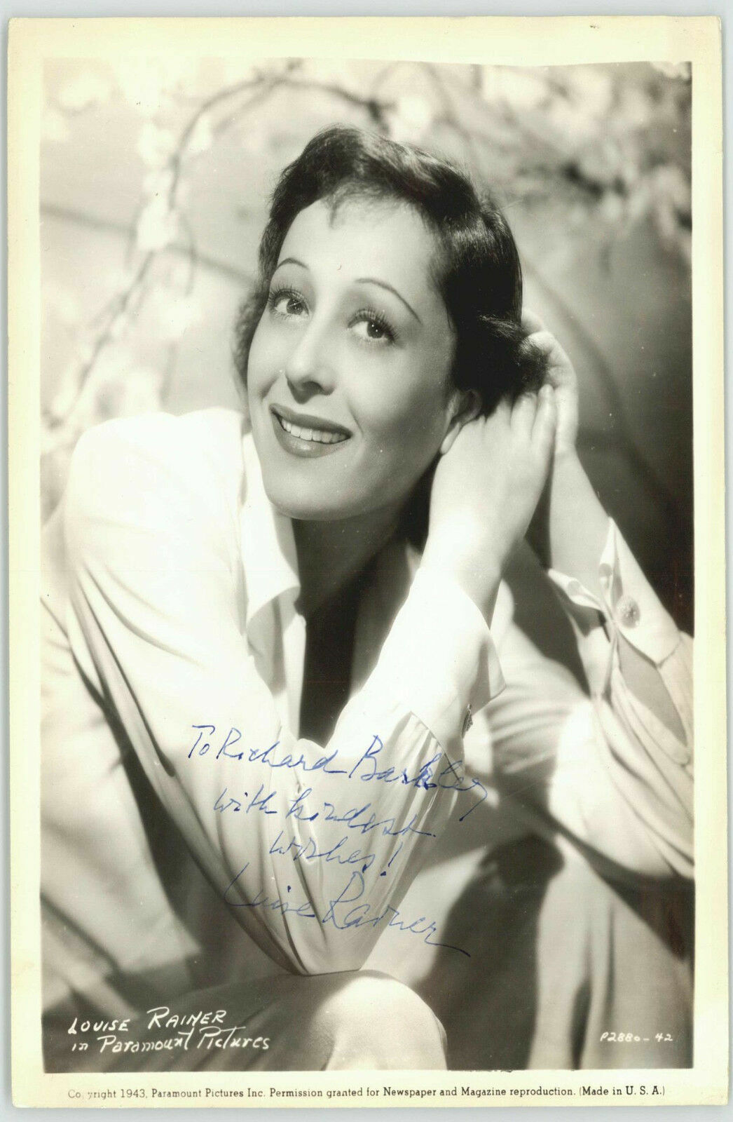 LUISE RAINER (DECEASED)1ST WINNER OF MULTIPLE OSCARS INSCRIBED 8X10 JSA #P41712