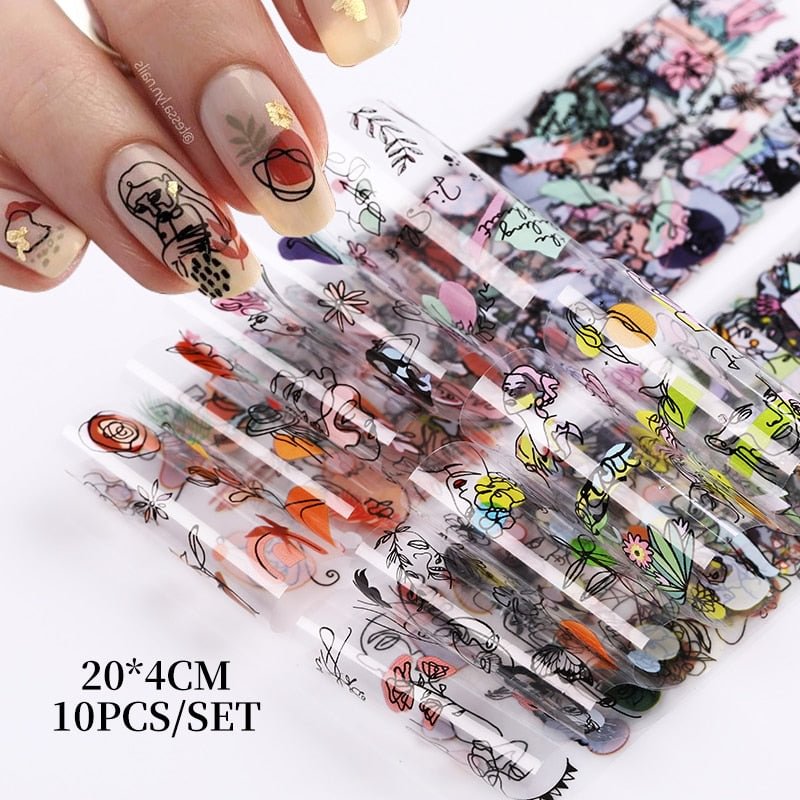 10Pcs Graffiti Picture Woman Face Design Abstract Nail Stickers Set Manicure Nail Art Decoration Transfer Paper Wraps Tips