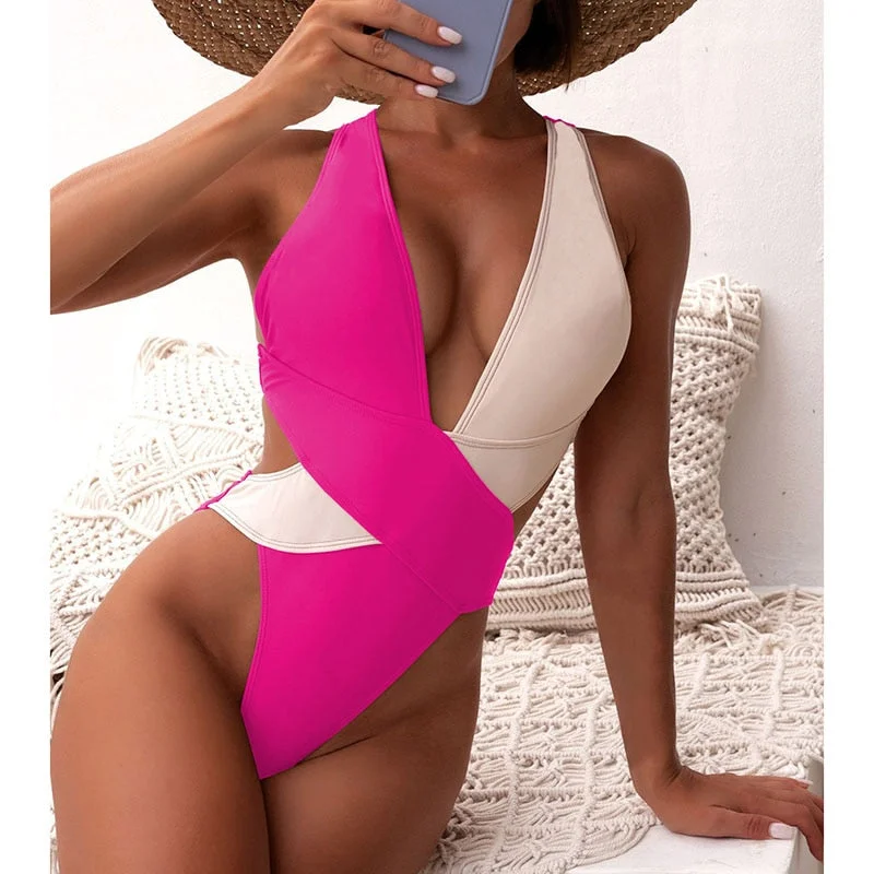 INGAGA Sexy Plunging One Piece Swimsuit Colorblock Swimwear Women 2022 New Cut Out Monokini Cross Back Bodysuit Bathing Suits