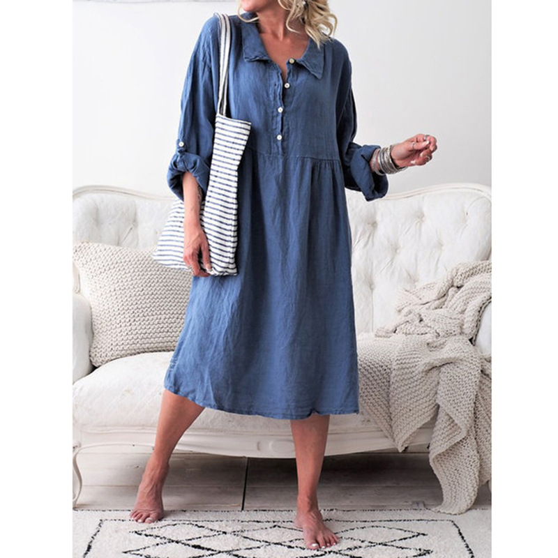 Women Turn-down Collar Loose Cotton Linen Dress