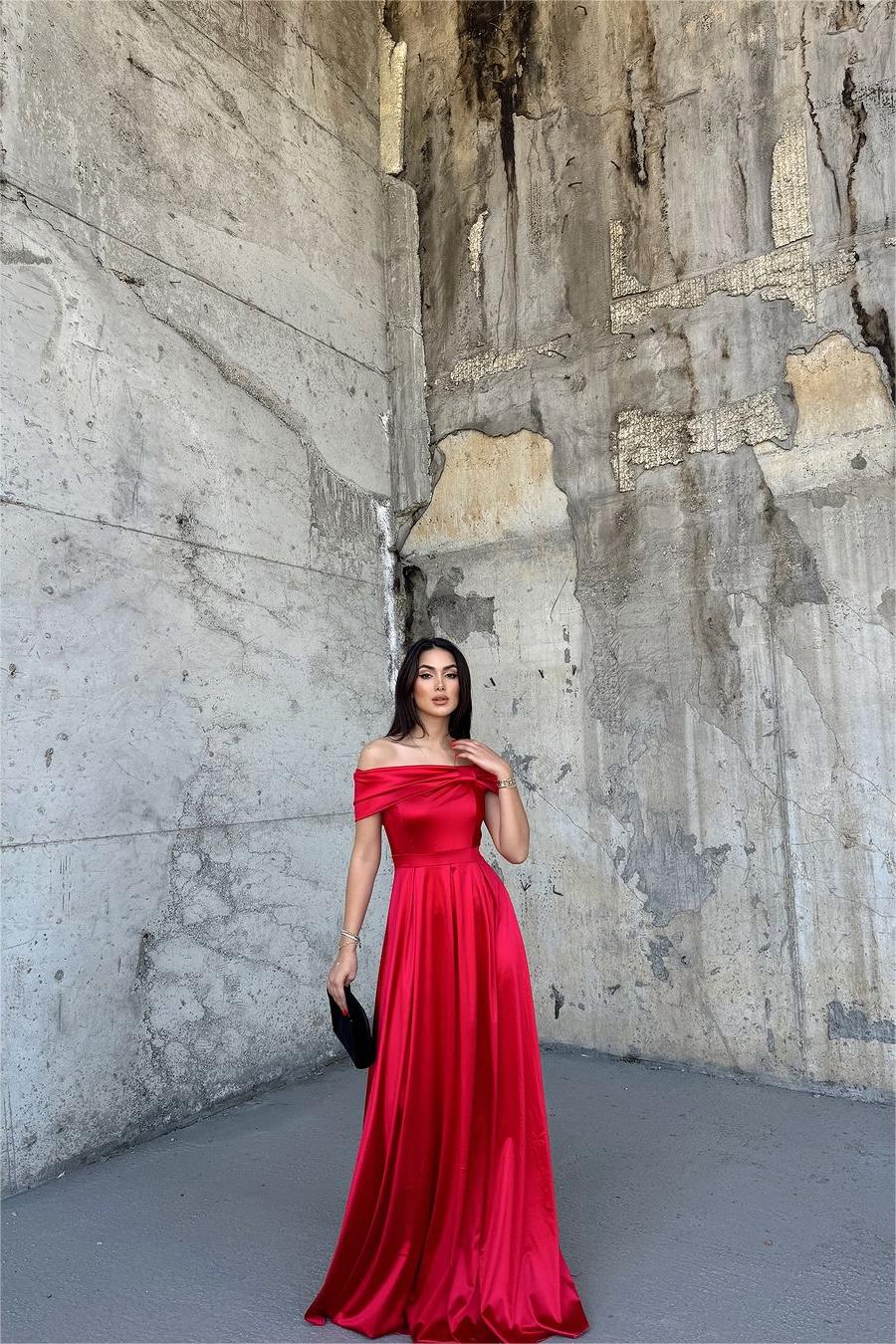Glamorous Red Strapless Satin Off the Shoulder Pleated Long Prom Dress with Ruffles | MS0045  
