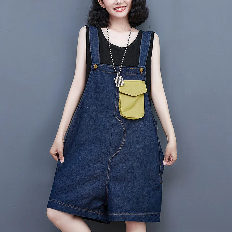 Literary Loose Splicing Denim Suspender Jumpsuit - yankia
