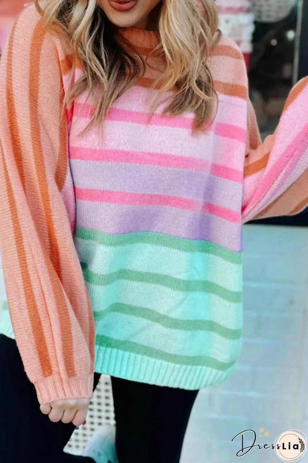 Multicolour Gradient Striped Ribbed Edge Loose Sweater
