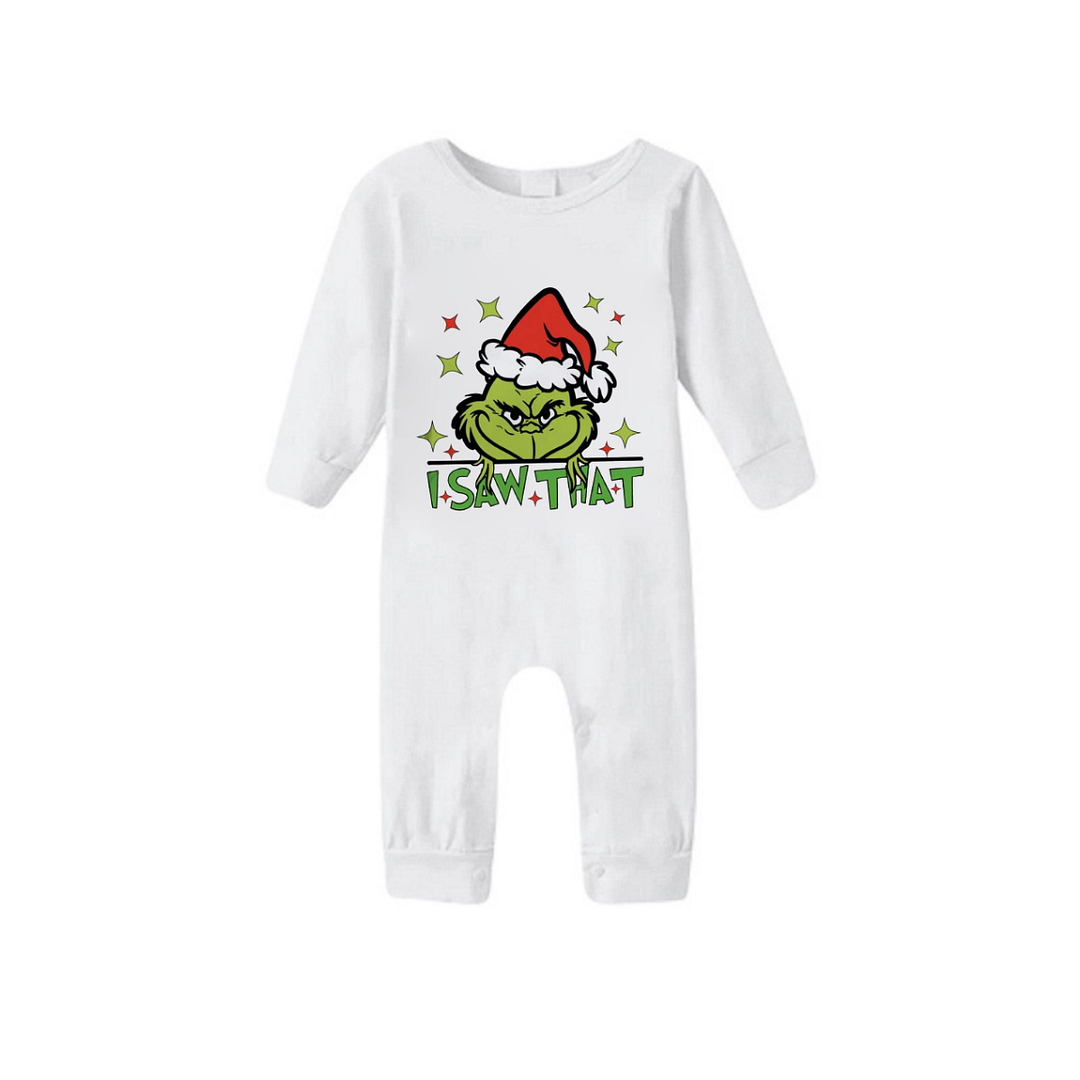 Cartoon Pattern and "I Saw that" Text Printed Red & Green Plaid Family Matching Pajamas
