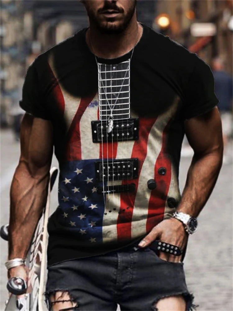 BrosWear Men's American Flag Inspired Guitar Art T Shirt