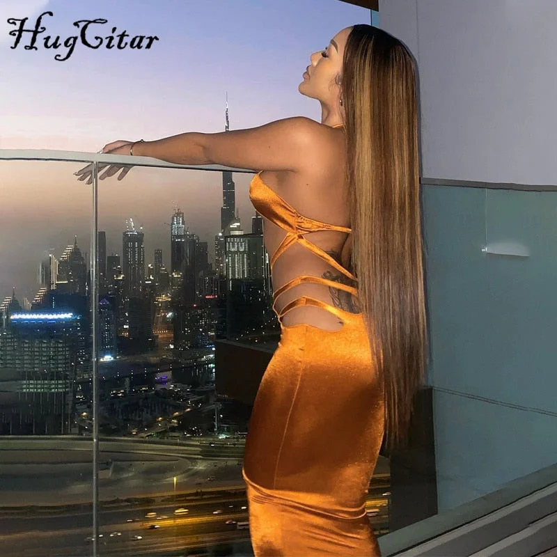 Hugcitar Shine Sleeveless Bodycon Hollow Out Mini Sexy Dress 2021 Autumn Winter Women Fashion Outfit Y2K Slim Streetwear