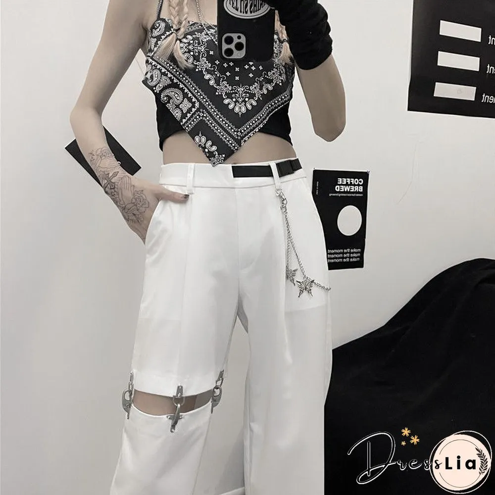 Vintage Harajuku Hollow Out Wide Leg Pants Women High Waist Casual Korean Streetwear Cargo