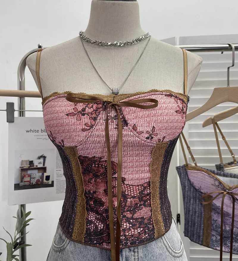 Uveng Vintage Ink Painting Niche Hottie Sling Vest With Chest Cushion Short Tie Tector-Meared Blouse Woman 8821