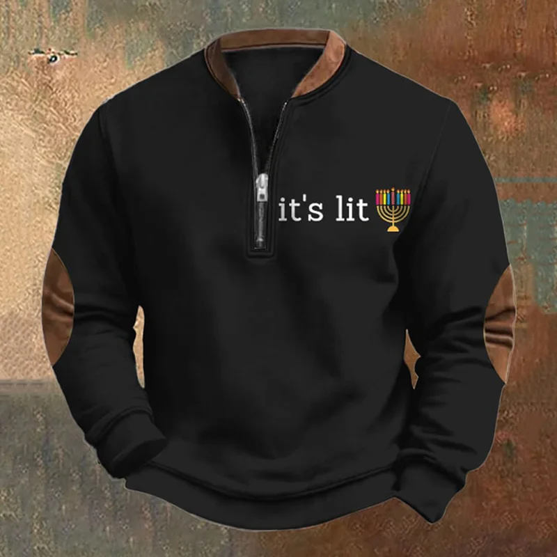 Men's Hanukkah Print Long Sleeve Zip Casual Sweatshirt