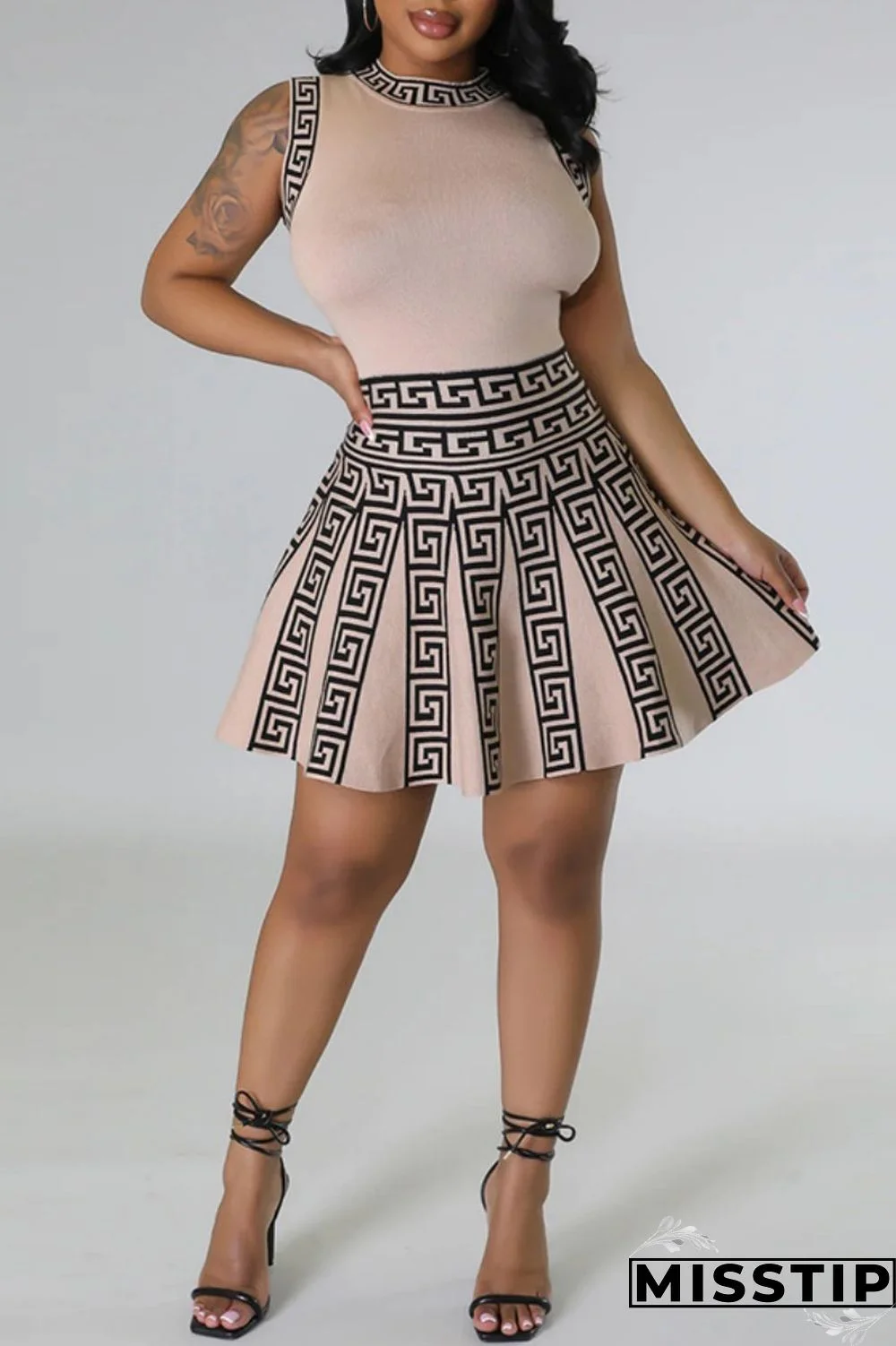 Apricot Casual Print Patchwork O Neck Sleeveless Dress Dresses