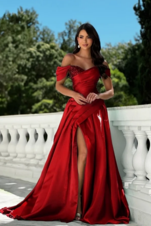 Ovlias Charming Red Off-Shoulder Pleated Prom Dress Floor Length with Split ZT0742