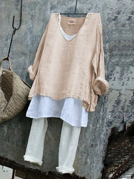 Women Plus Size V Neck Long Sleeve Blouse