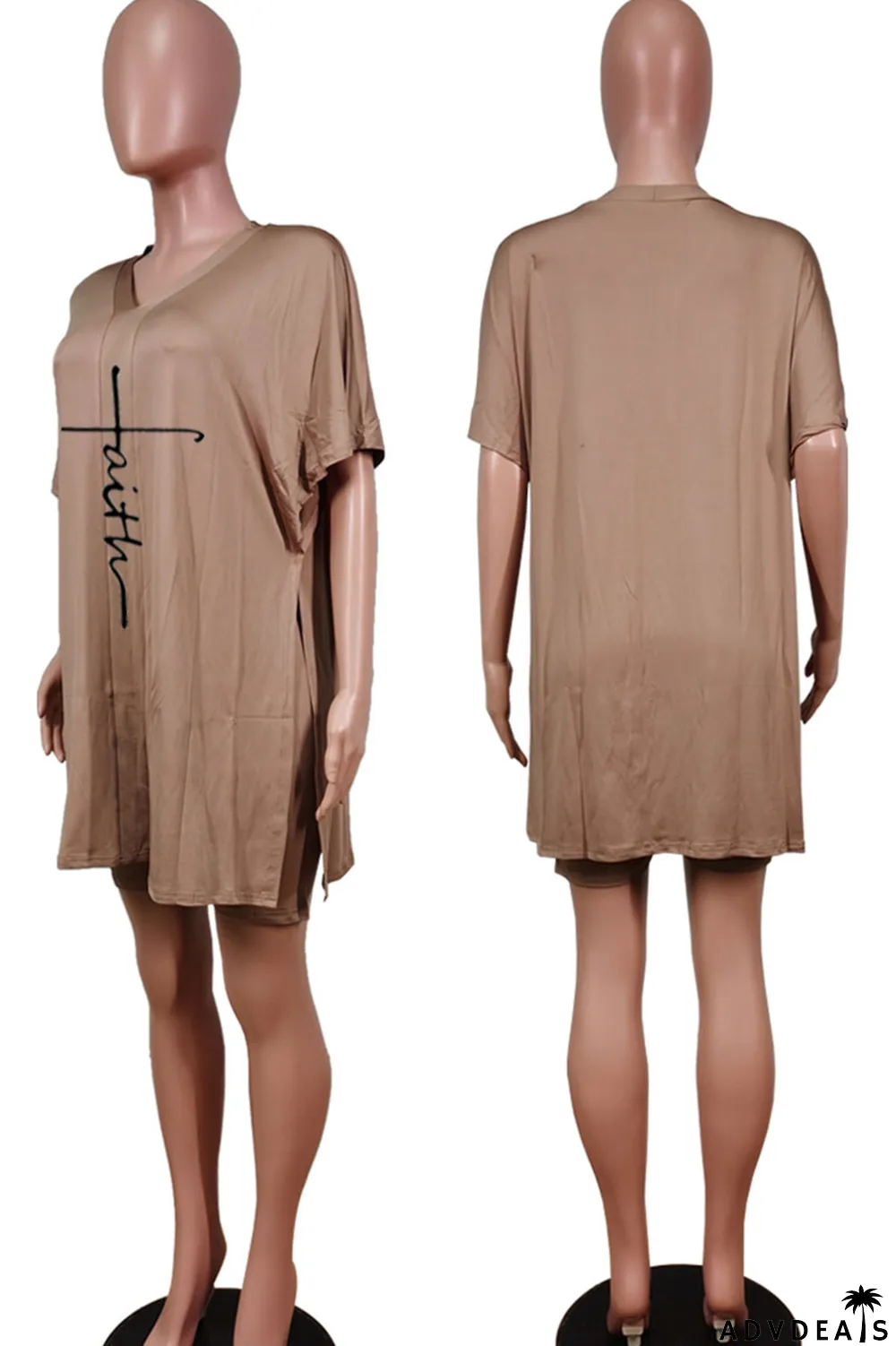 Tangerine Red Casual Print Split Joint V Neck Short Sleeve Two Pieces