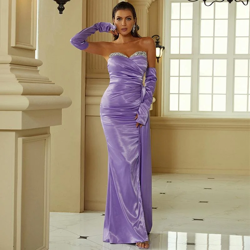 Neosepa-Delicate Off Shoulder Silver Sequins Pleated High Slit Purple Fishtail Dress