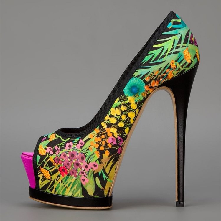 Multi-Color Peep Toe Satin Platform Floral Heels High Heel Pumps |FSJ Shoes