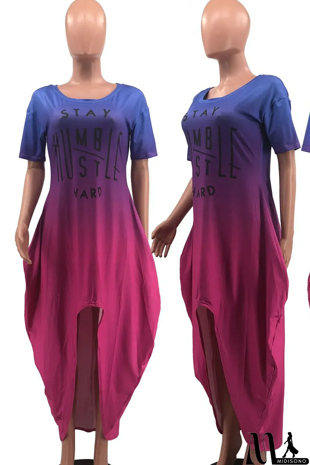 MidiSono - Yellow Casual Gradual Change Print Patchwork Asymmetrical O Neck Irregular Dress Dresses