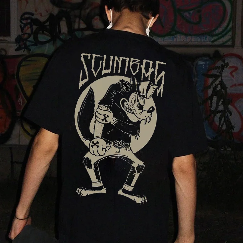 SCUMBAG Angry Wolf Cartoon Funny Letter Graphic Black Print T-shirt