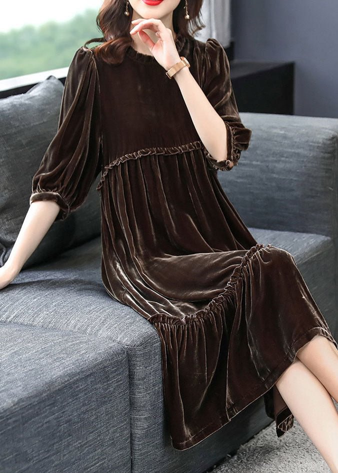 Coffee Velour Vacation Dresses Ruffled Half Sleeve CK1133- Fabulory