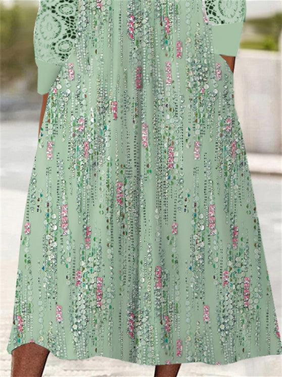 Women's Long Sleeve V-neck Graphic Lace Pockets Midi Dress