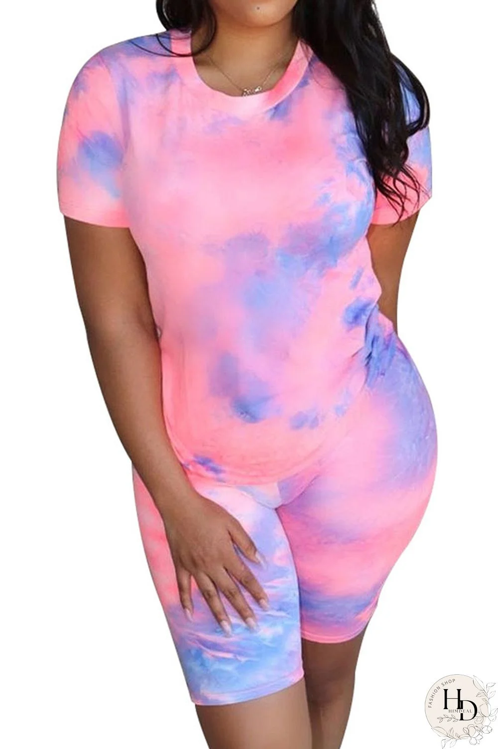Blue Fashion Casual Active Print Tie Dye Short Sleeve Two Pieces