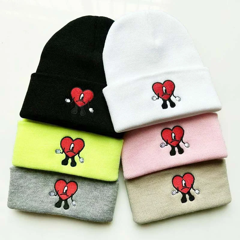 Bad Bunny Letter Heart Embroidered Knitted Hat Pullover Warm Hat