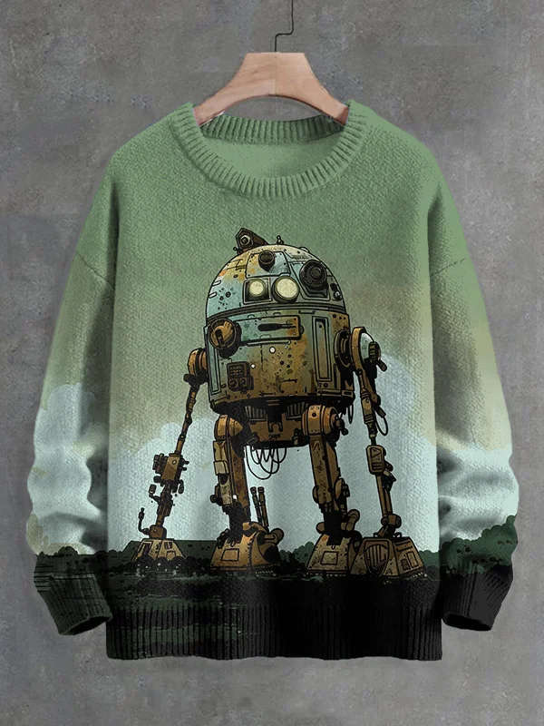Men's Retro Star Planet Space Robot Print Knit Sweatshirt