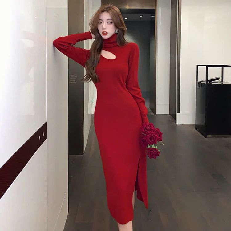 High Collar Hollow Out Pure Color Split Knit Dress - Modakawa Modakawa