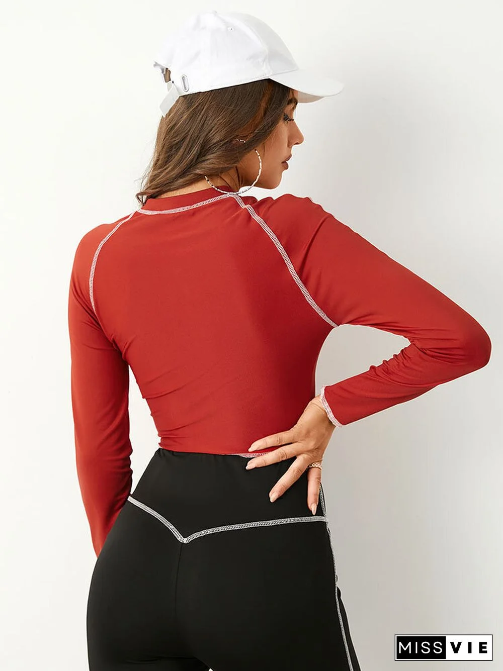 Contrast Color Stitch Long Sleeve Crew Neck Crop Top