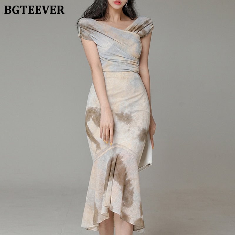 BGTEEVER Elegant Ladies 2 Pieces Skirt Set V-neck Slim Women Tops & High Waist Irregular Mermaid Skirts 2021 Summer