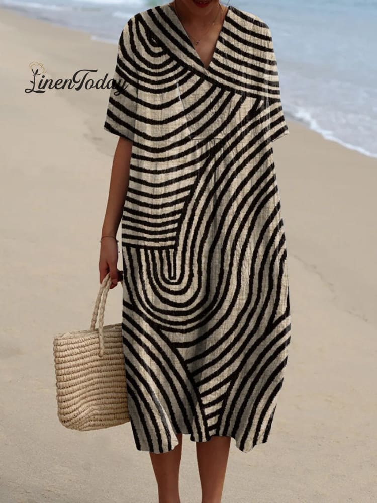 Women&rsquo;s Geometric Hand Drawn Circle Line Pattern Print Flowy Dress Multicolor / S