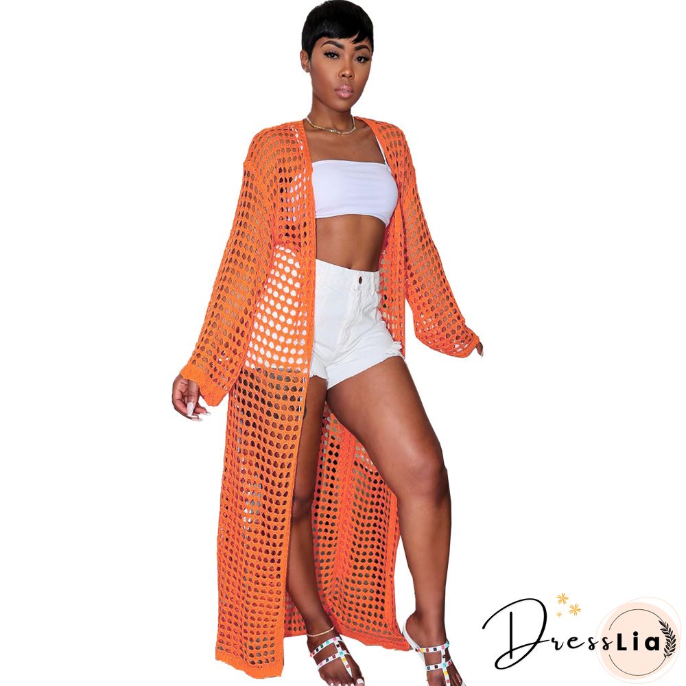Beachwear Long Sleeve Mesh Grid Cardigan Cover-ups