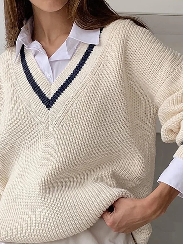 Women's Pullover Sweater Jumper Ribbed Knit Patchwork Knitted Color Block V Neck Stylish Casual Daily Holiday Winter Fall Navy Blue White S M L