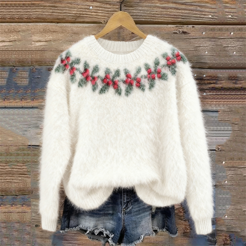 Vintage Christmas Berry Yoke Crochet Cozy Sweater wearshes