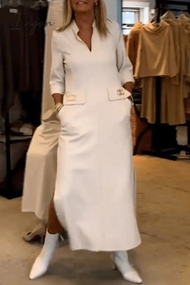 Ingvn - Elegant Simplicity Solid Pocket Turndown Collar One Step Skirt Dresses Milky / Xs