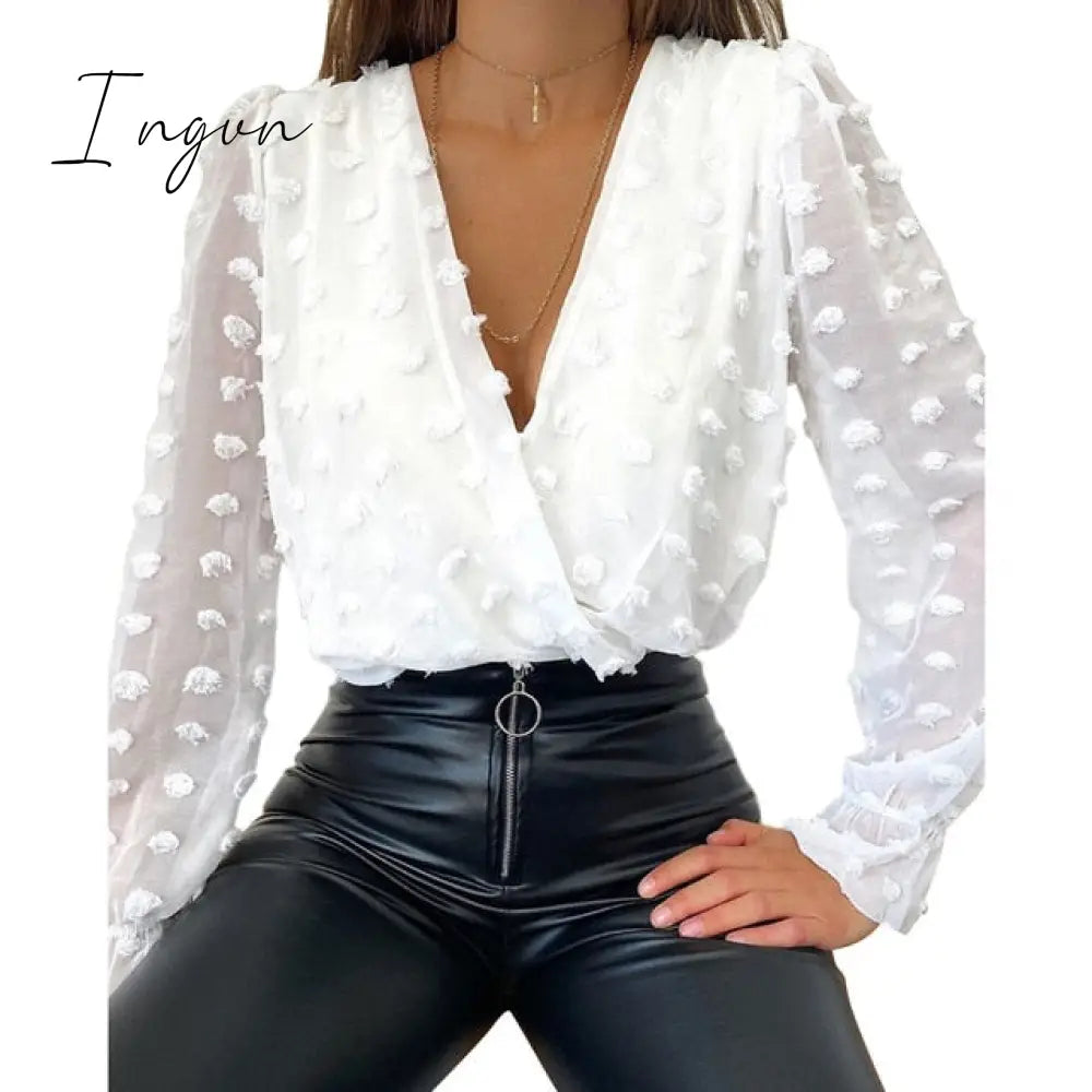 Ingvn - Sale Women Deep V Neck Top White Jacquard Fashion Shirt Female Long Sleeve Chic Sexy Polka
