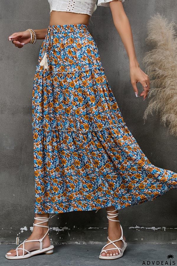 Floral fungus lace stitching layered skirt bohemian tassel seaside holiday beach skirt