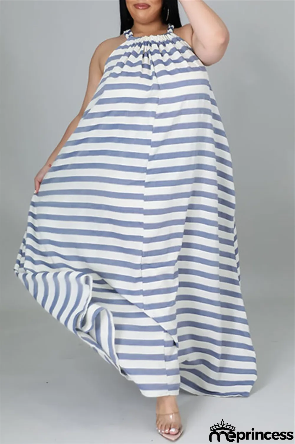 Light Blue Fashion Casual Plus Size Striped Print Backless O Neck Sleeveless Dress