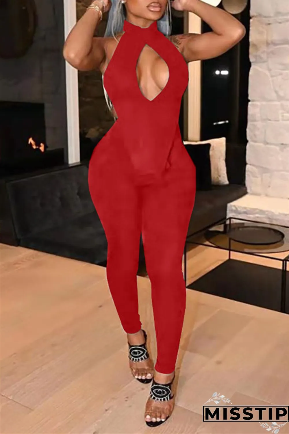 Red Fashion Sexy Solid Hollowed Out Backless Turtleneck Sleeveless Two Pieces