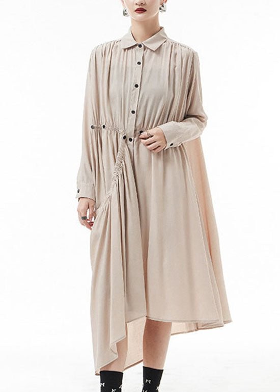 Apricot Chiffon shirt Dress wrinkled Asymmetrical Spring CK005- Fabulory