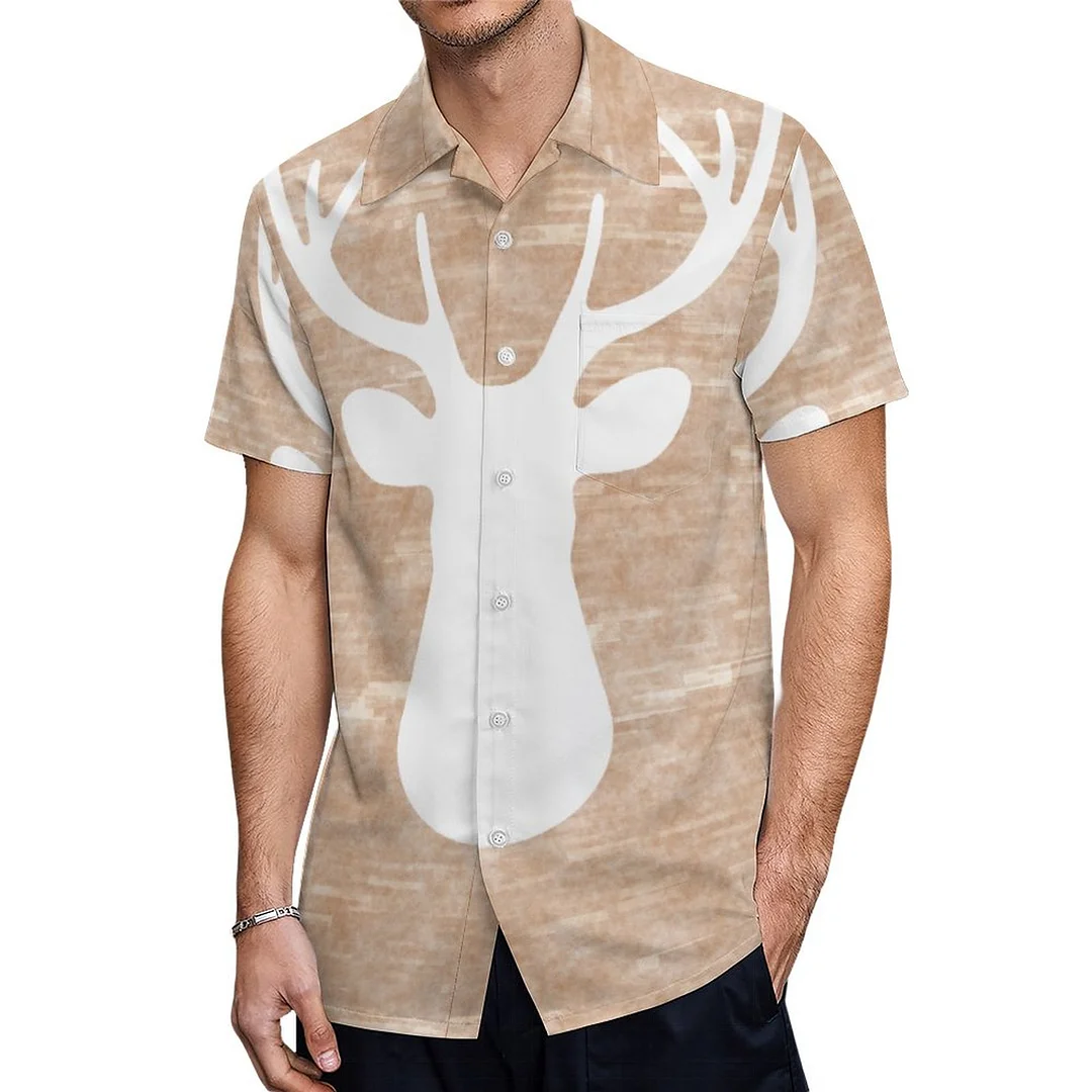 Short Sleeve Deer Head On Bark Hawaiian Shirt Mens Button Down Plus Size Tropical Hawaii Beach Shirts