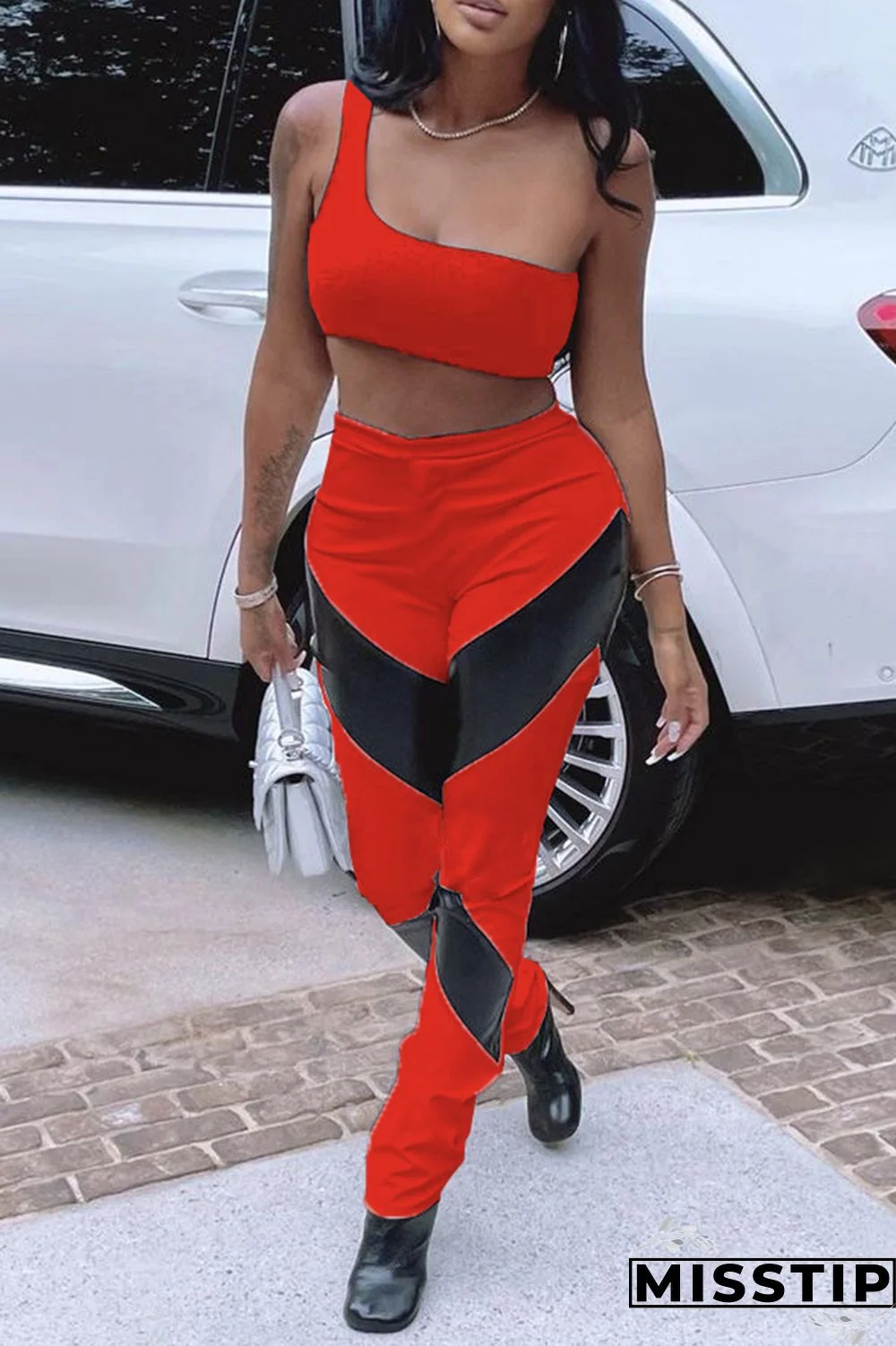 Red Fashion Casual Patchwork Backless One Shoulder Sleeveless Two Pieces