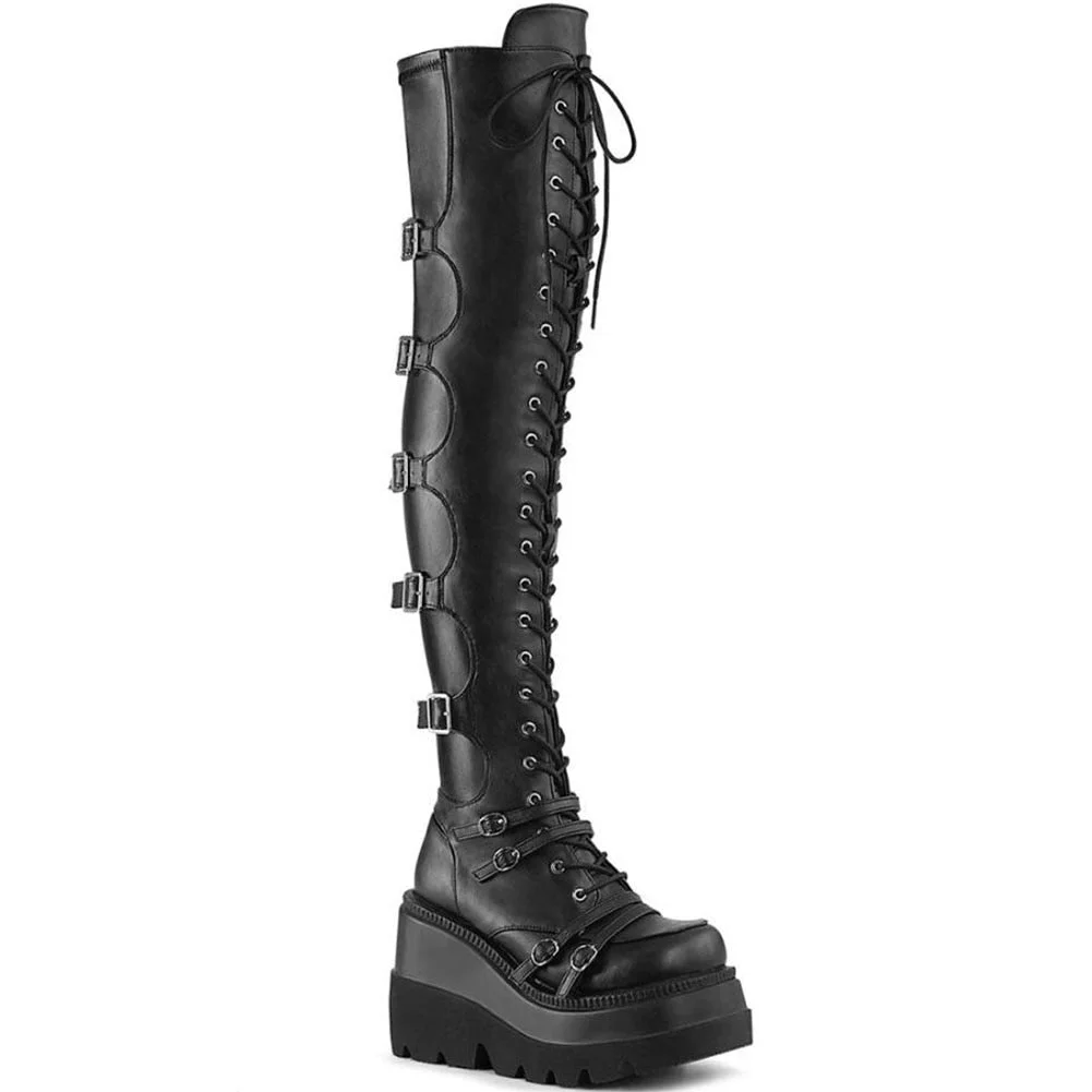Brand 2021 Size 43 Gothic Black Vampire Freaks Halloween Cosplay Buckles Platform High Heels Thigh High Boots Women Shoes