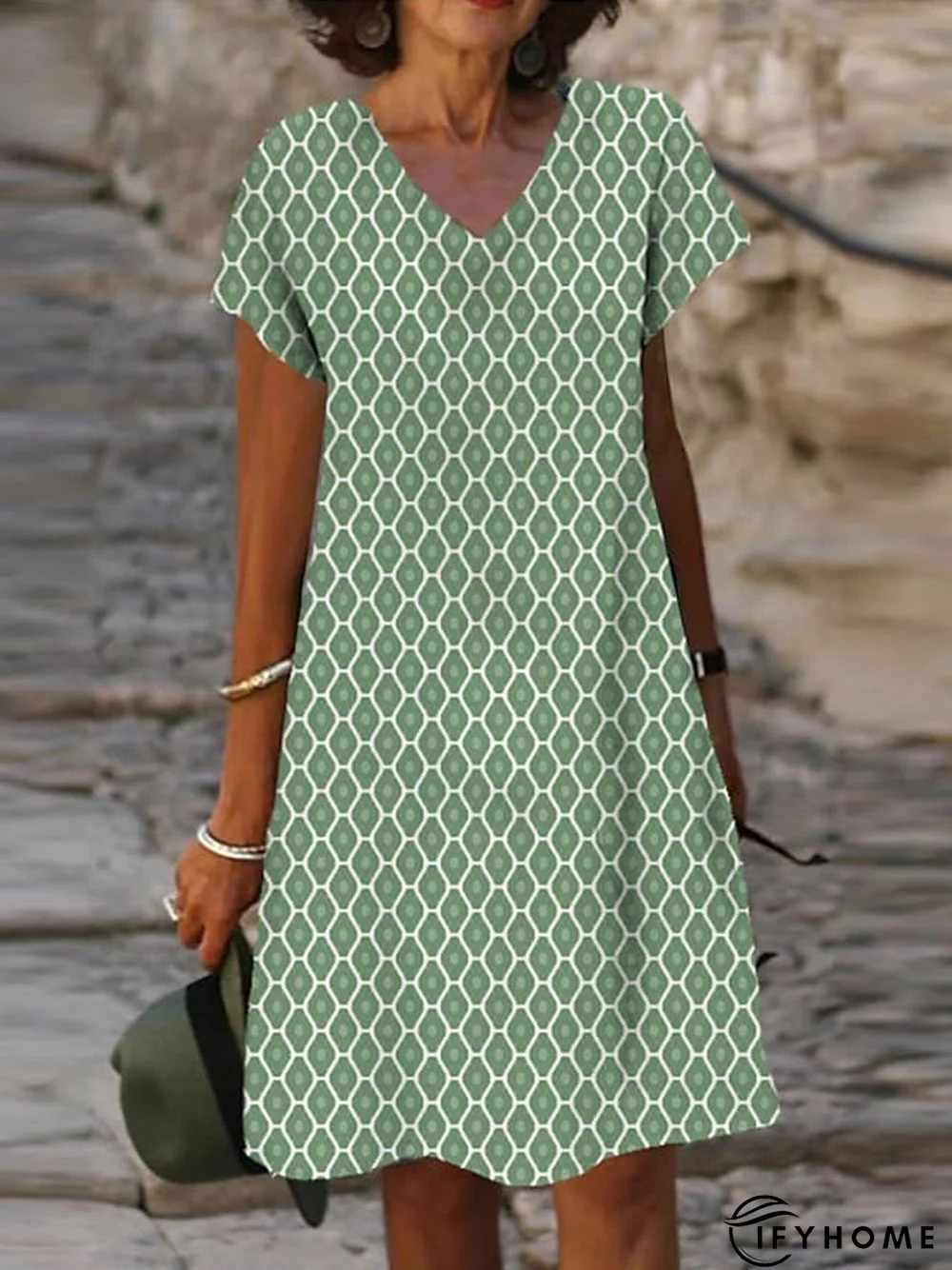 Women's Casual Dress Shift Dress Midi Dress Green Short Sleeve Geometric Print Spring Summer V Neck Vacation 2023 S M L XL XXL 3XL | IFYHOME